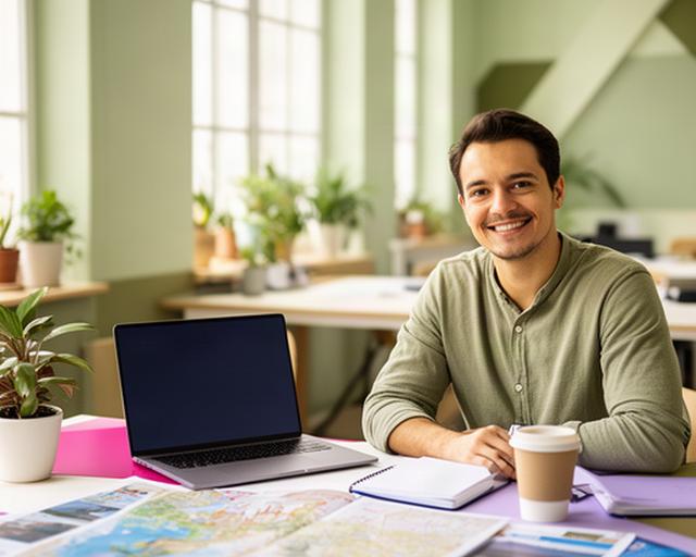 Digital nomad planning a European work stay at a bright shared workspace with maps and a laptop