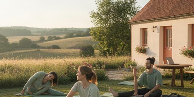 Remote professionals doing gentle yoga beside a countryside house before a work session