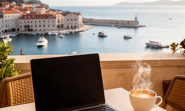 Laptop and coffee on a terrace overlooking Split harbour in Croatia