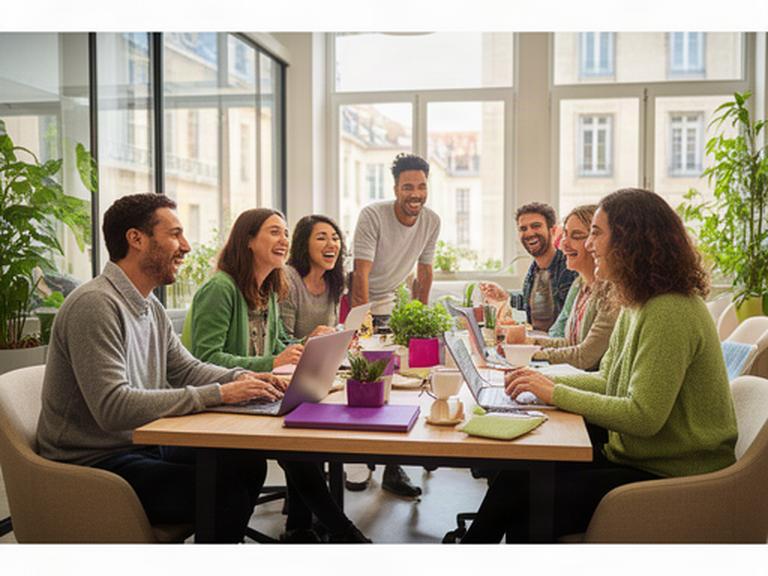 Diverse remote professionals laughing around a shared table in a bright European coworking space