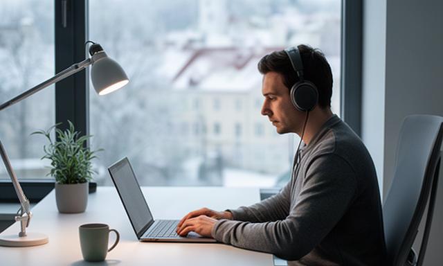 Software developer working in a modern Tallinn studio with winter light