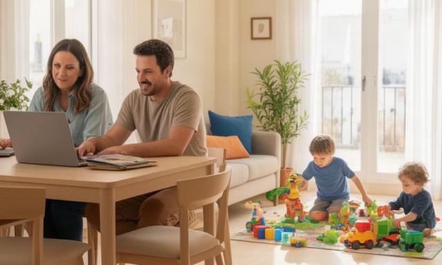 Parents working at a dining table while two young children play in a bright Malaga flat