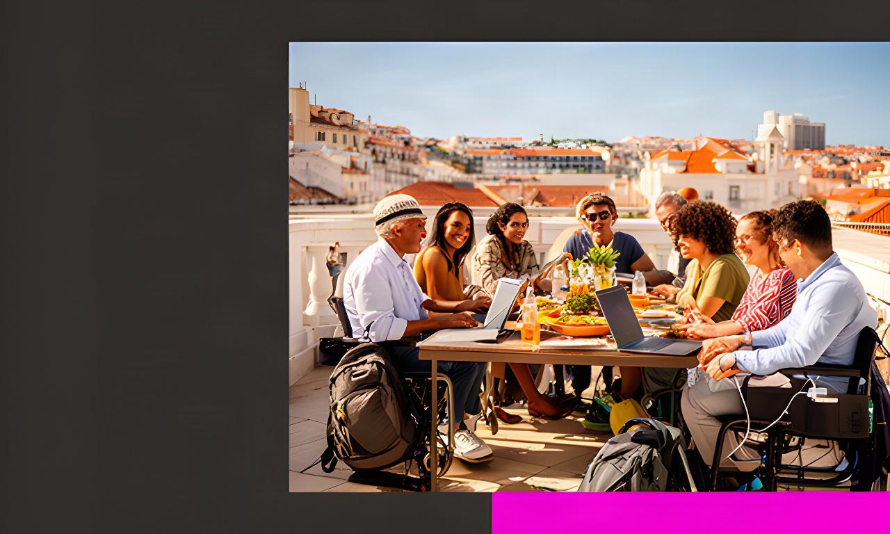 Diverse group of digital nomads sharing a meal on a sunny Lisbon rooftop with laptops and travel bags