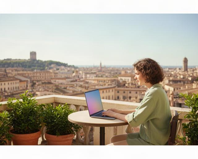 Remote worker typing on a laptop at a sunny European terrace with a city view