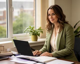 Kurda Gislingham reviewing a relocation plan beside a window in a Rotherham office