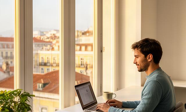 Freelancer working beside tall windows in a Lisbon coworking studio