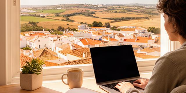 Remote worker at a furnished desk overlooking a sunny Portuguese village landscape