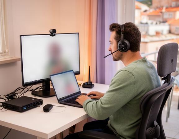 Remote-working founder at a tidy apartment desk in Split with monitor and video call equipment