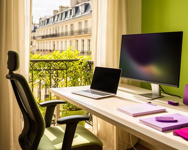 Bright remote work setup with laptop, monitor and ergonomic chair beside a sunny European balcony