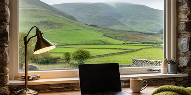 Laptop workspace in a quiet rural cottage beside green hills in the Lake District