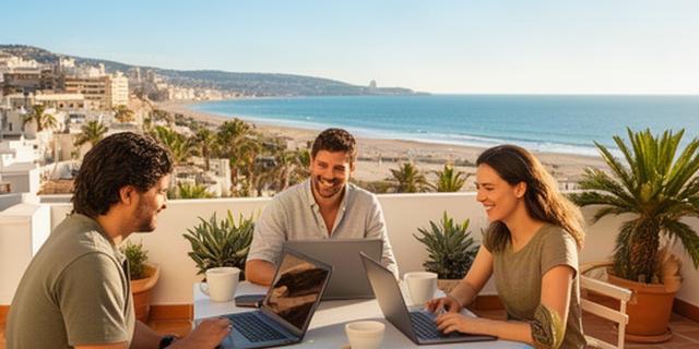 Small group working with laptops on a bright coastal terrace near Valencia in Spain