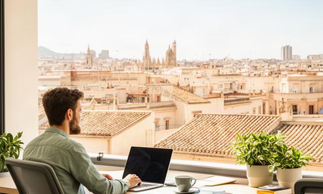 Remote worker at a bright coworking desk overlooking Valencia rooftops