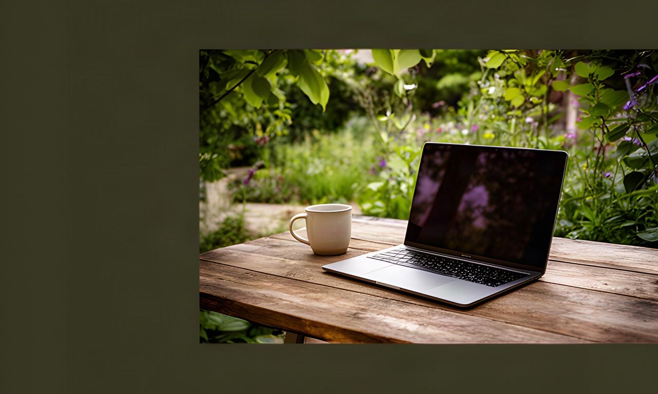 Laptop on a wooden table beside a mug in a leafy European garden