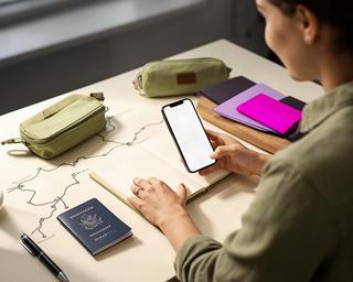 Vanessza Sláviková organising travel arrangements on a desk with a notebook and phone